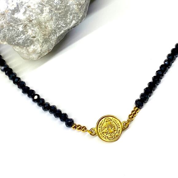 NEW Small Coin Necklace With Black Crystal Necklace - Picture 4 of 12